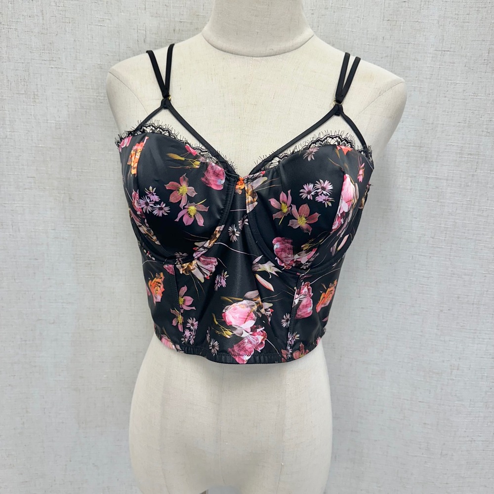 Victoria's Secret Very Sexy Floral Print Satin Corset Bustier Top Black 36D NWT